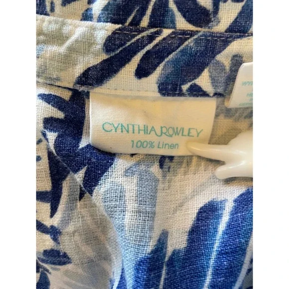 CYNTHIA ROWLEY Linen Size 2X Tunic Popover Top Blue White Flower Print Floral - Picture 3 of 8